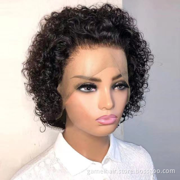 Ready to Ship Cheap Short Bob Water Curly Wig Vendors Brazilian 100% Virgin Transparent Lace Front Pixie Cut Human Hair  Wigs